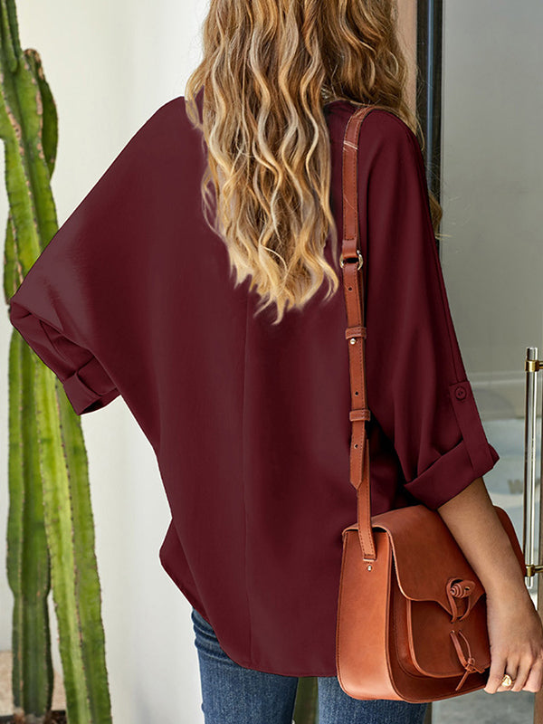 flowersverse Casual Long Sleeves Loose Solid Color V-Neck Blouses&Shirts Tops