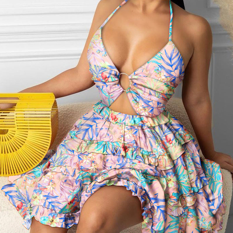 flowersverse Women's Summer Sexy Cutout Halter Neck V-Neck Cake Dress