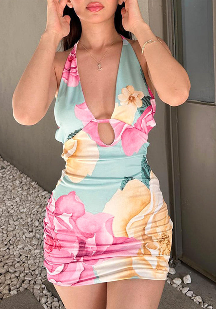 flowersverse Women's Summer Lace-Up Halter Neck Sexy Low Back Print Bodycon Dress Women