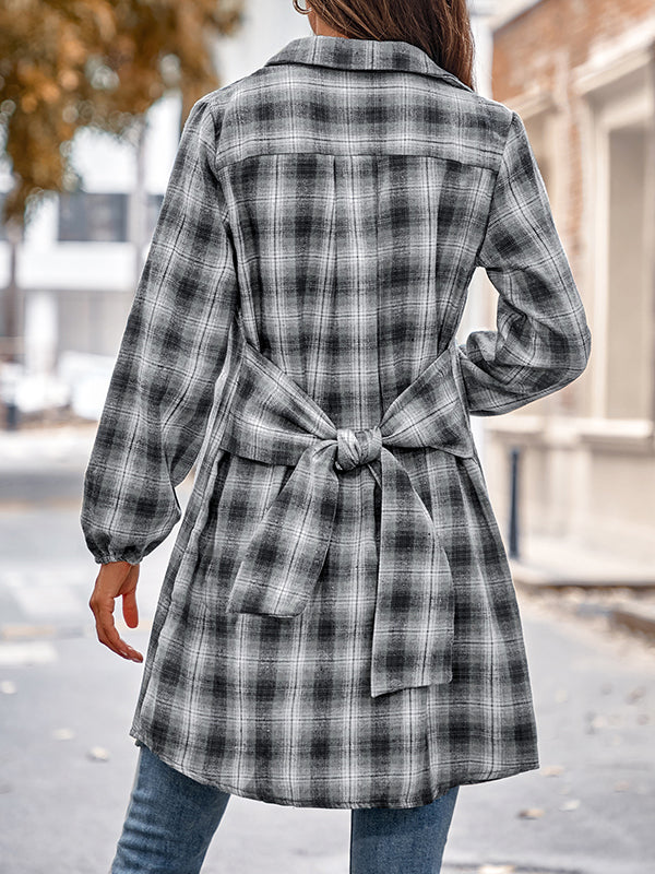 flowersverse Plaid Loose Wrap Lapel Blouses&shirts Tops