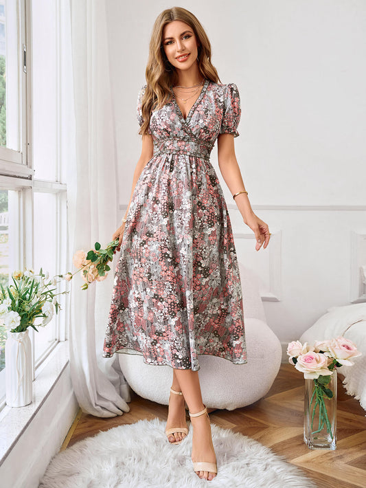 flowersverse GOLDIE SHORT SLEEVE FLORAL MAXI DRESS - BROWN