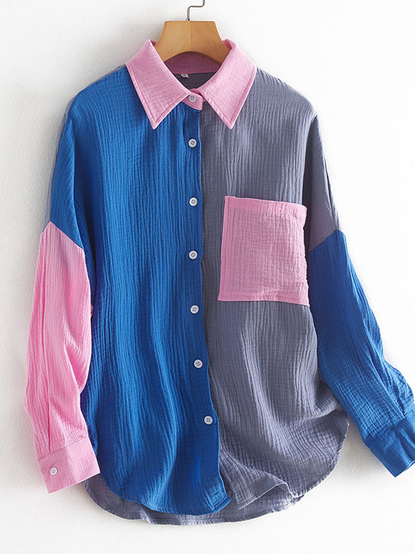 flowersverse Casual Long Sleeves Contrast Color Split-Joint Lapel Blouses