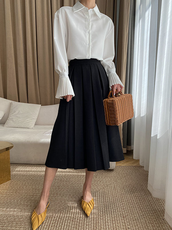 flowersverse Solid Color Flared Sleeves Lapel Blouses&Shirts Tops