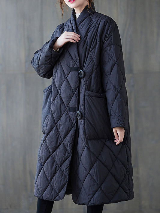 flowersverse Vintage Artistic Retro Solid Color Buttoned Stand Collar Long Sleeves Padded Coat