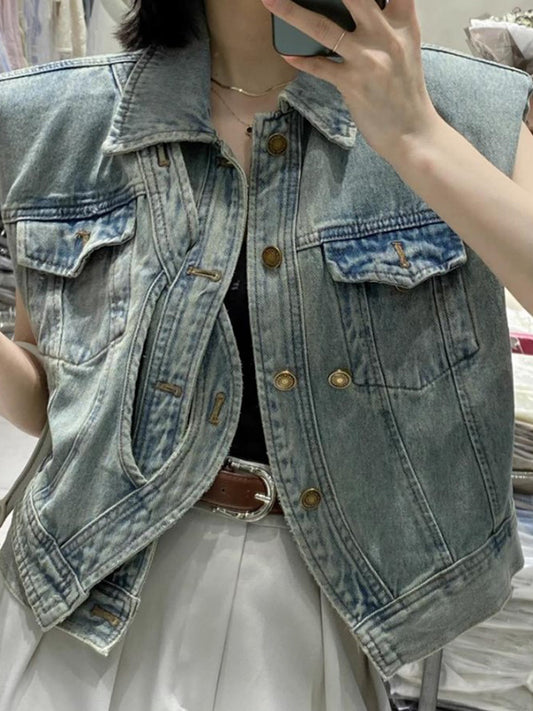 flowersverse Asymmetric Buttoned Pockets Split-Joint Loose Sleeveless Lapel Collar Vest Outerwear