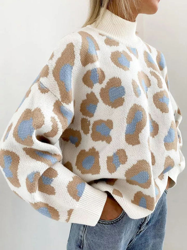 flowersverse Leopard Long Sleeves Loose Mock Neck Sweater Tops Pullovers