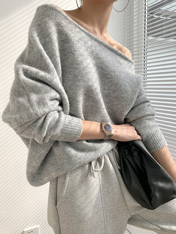 flowersverse Casual Loose Long Sleeves Solid Color Off-The-Shoulder Sweater Tops
