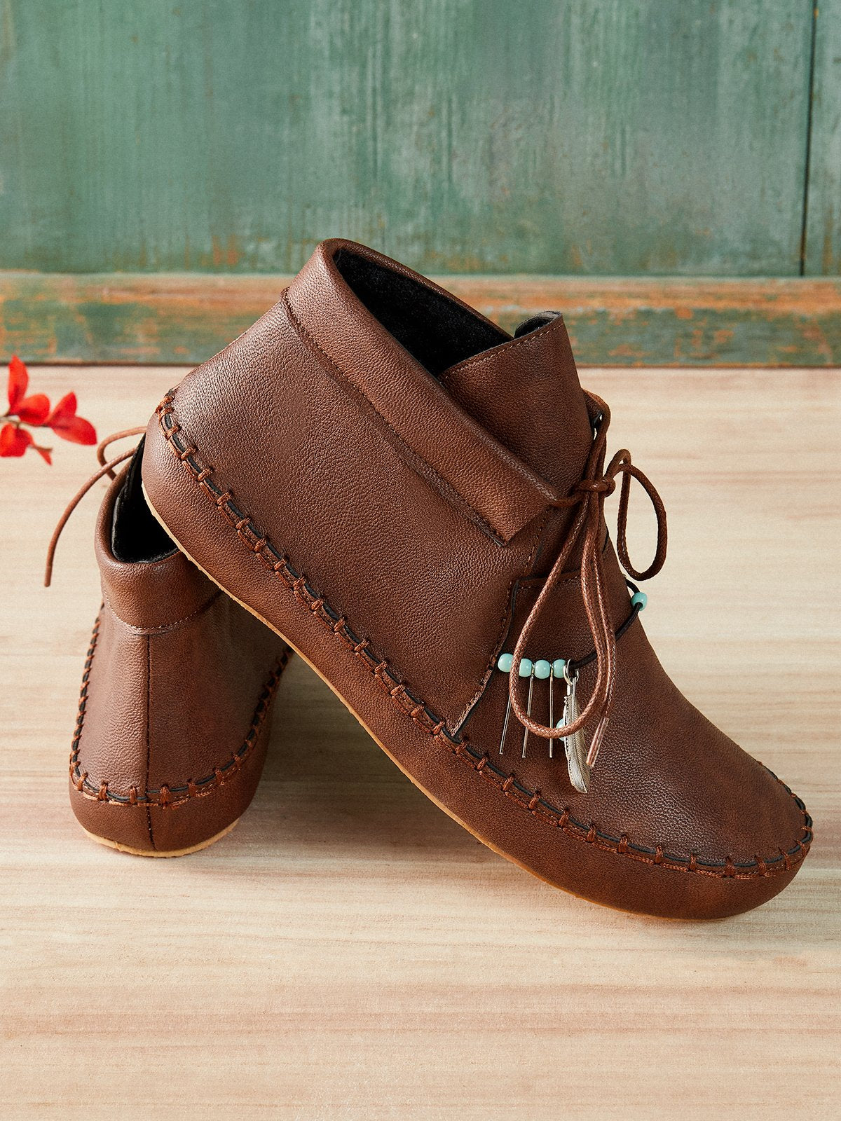 flowersverse Camel All Season Cowhide Leather Flat Heel Daily Ankle Boots