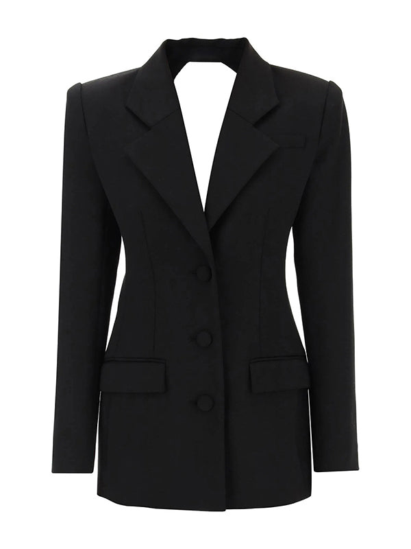 flowersverse Backless Buttoned Hollow Rhine Stones Solid Color Long Sleeves Deep V-Neck Blazer