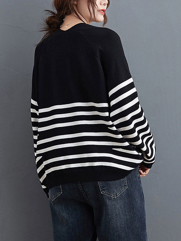 flowersverse Artistic Retro Casual Loose Striped V-Neck Long Sleeves Knitted Sweater
