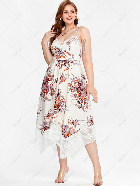 flowersverse Plus Size Lace Panel Floral Print Handkerchief Midi Sundress