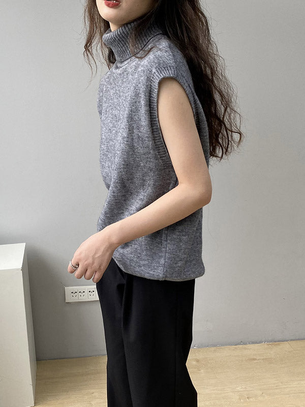 flowersverse Simple Loose Solid Color High-Neck Knitting Vest Top