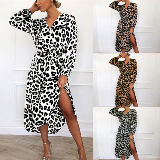 flowersverse Sexy V-Neck Leopard Print Long Sleeve Chiffon Dress
