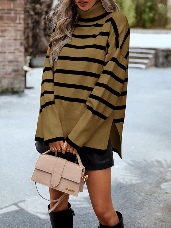 flowersverse Contrast Color Split-Side Striped Long Sleeves Loose High Neck Sweater Tops Pullovers