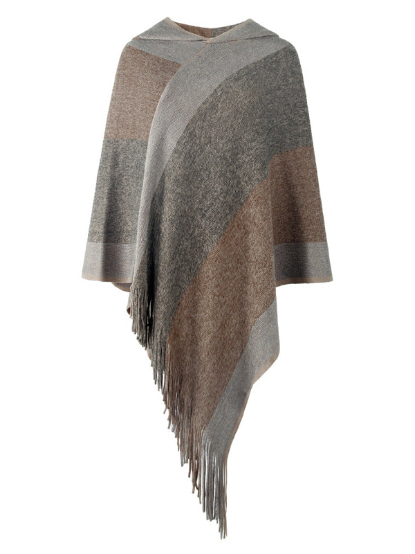 flowersverse Casual Loose Striped Tasseled Hooded Cape