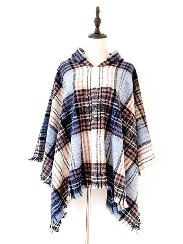 flowersverse Fringed Hooded Keep Warm Plaid Shawl&Cloak Cape