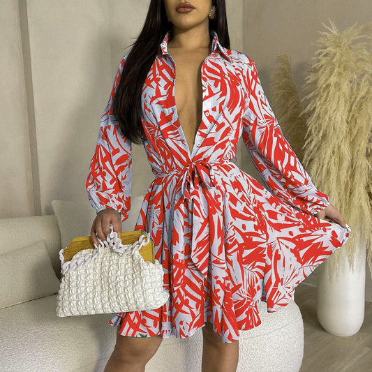 flowersverse Women's Fashion Print Turndown Collar Button Tie Shirt Dress