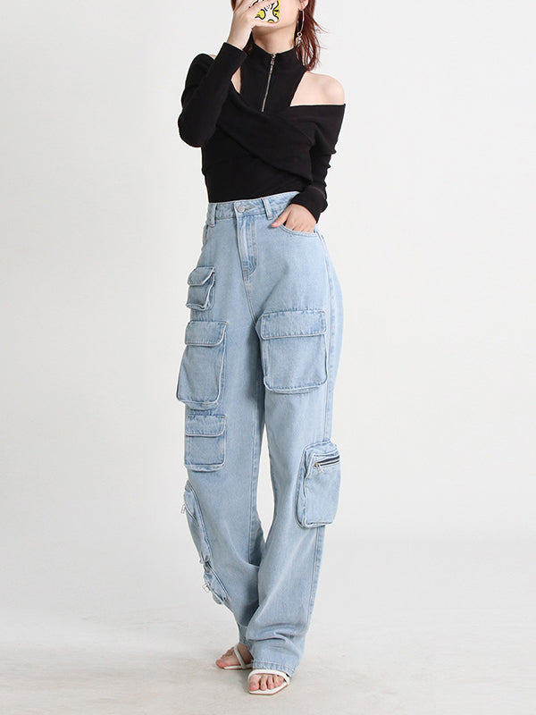 flowersverse Hollow Split-Joint Zipper Long Sleeves Skinny High-Neck Sweater Tops Pullovers