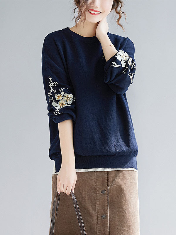 flowersverse Original Embroidere Round-Neck Knitting Sweater
