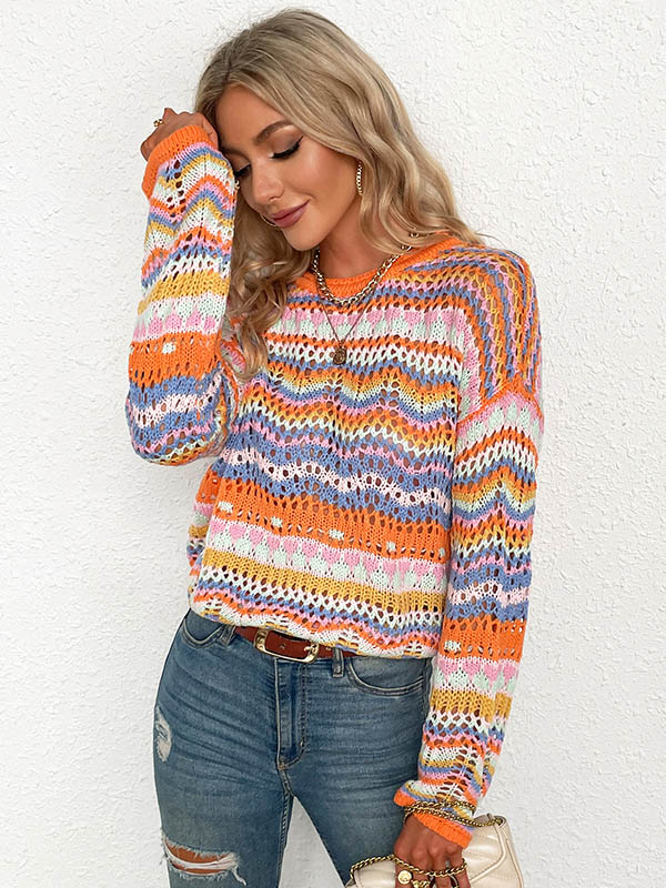 flowersverse 4 Colors Loose Contrast Color Round-Neck Sweater Top