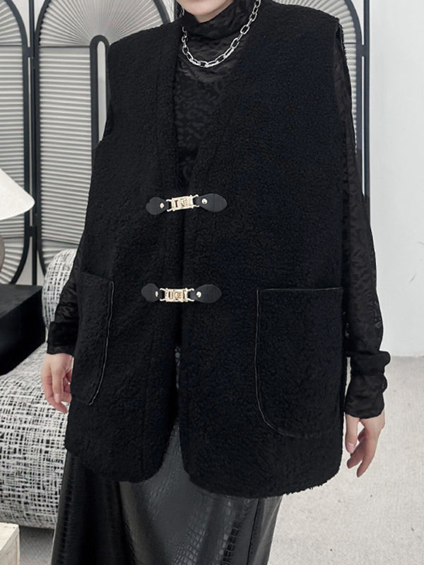 flowersverse Buckle Pockets Velvet Loose Sleeveless V-neck Vest Outerwear