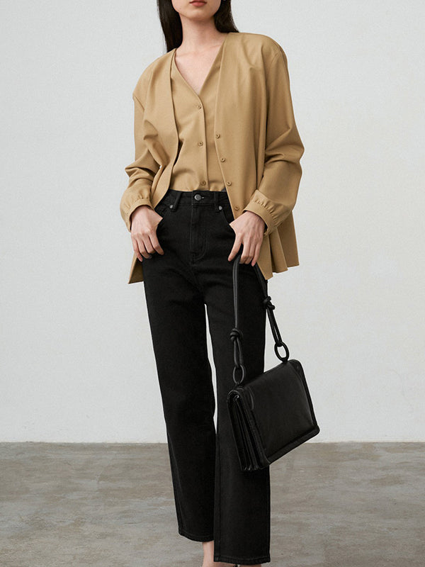 flowersverse Buttoned Solid Color False Two Long Sleeves V-Neck Blouses&Shirts Tops
