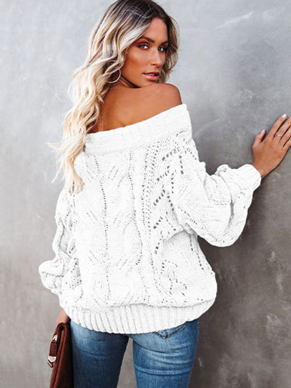 flowersverse Vintage Long Sleeves Loose Solid Color Off-The-Shoulder Sweater Tops