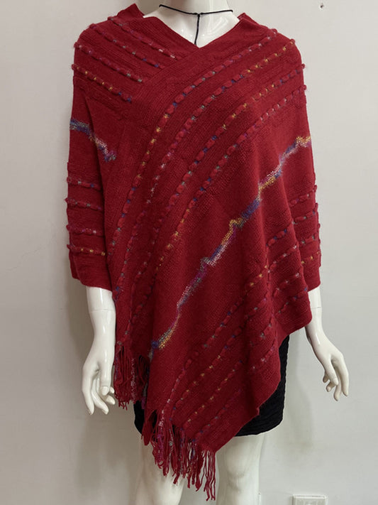 flowersverse Asymmetric Contrast Color Tasseled Loose V-Neck Shawl&Cloak Cape