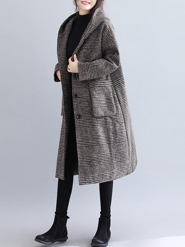 flowersverse Loose Plaid Woolen Hood Coat