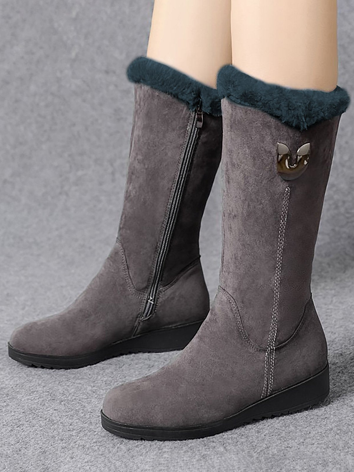flowersverse Vintage Soft Faux Suede Warm Plush Zip-Up Boots