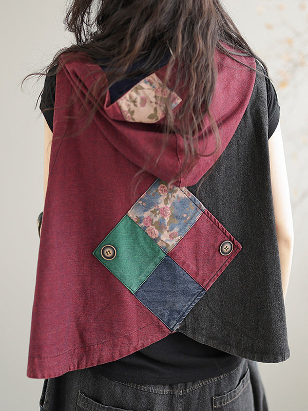 flowersverse Artistic Retro Loose Denim Sleeveless Buttoned Contrast Color Hooded Vest Outerwear