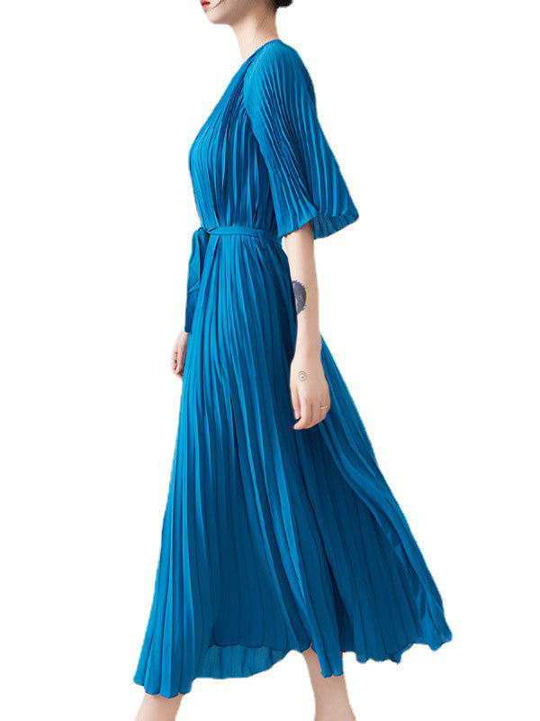 flowersverse Loose Pleated With Waistband Solid Color Round-Neck Maxi Dresses