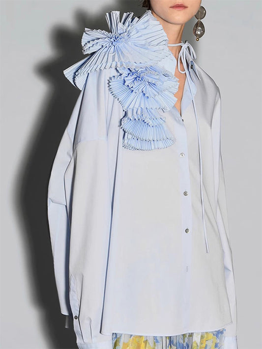flowersverse Asymmetric Buttoned Pleated Solid Color Split-Joint Three-Dimensional Flower Long Sleeves Loose Lapel Blouses&Shirts Tops