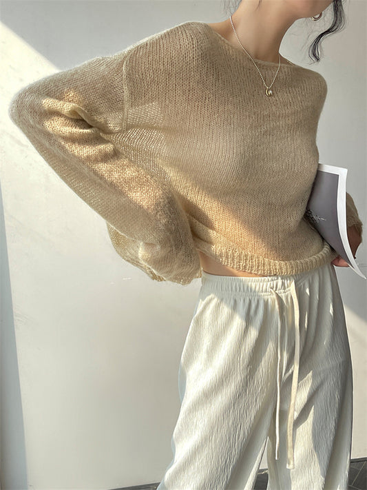 flowersverse Gentle Mohair Knitted Loose Long Sleeves Solid Color Thin Sweater Tops