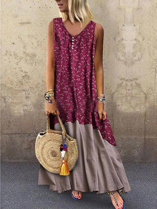 flowersverse Women's Swing Dress Maxi Long Dress Sleeveless Floral Print Summer V Neck Plus Size Hot Blue Red Brown