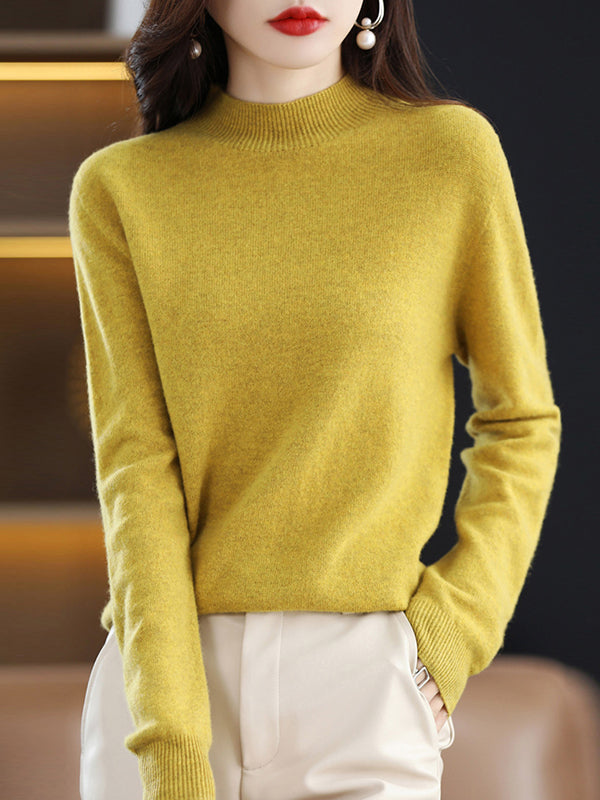 flowersverse Office Long Sleeves Solid Color High-Neck Sweater Tops Pullovers