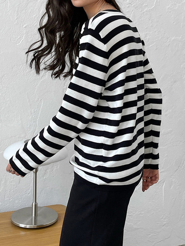 flowersverse Split-Joint Striped Long Sleeves Loose Round-Neck Sweater Tops