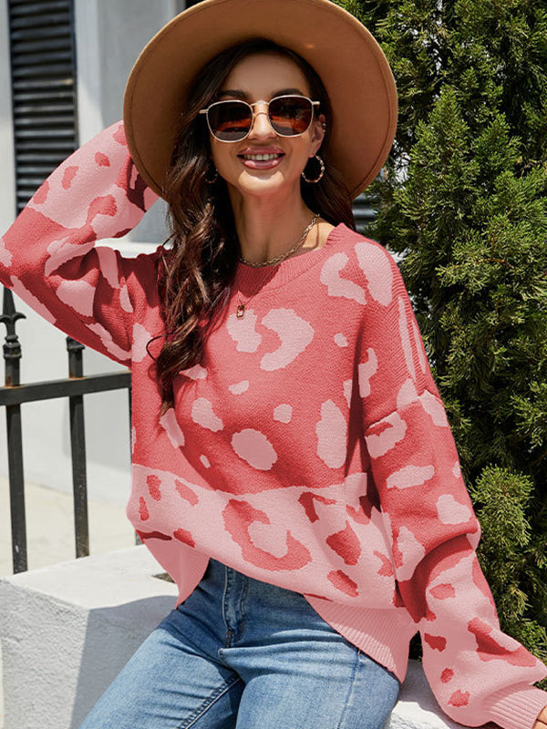 flowersverse Urban Puff Sleeves Leopard Two-Tone Round-Neck Sweater Tops