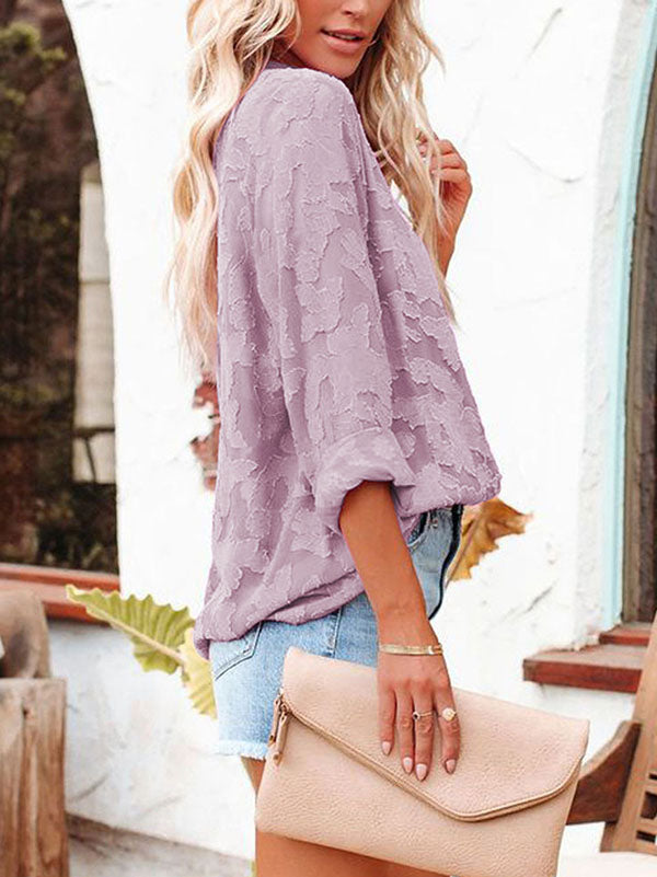 flowersverse Jacquard See-Through Solid Color Long Sleeves Lapel Blouses&Shirts Tops