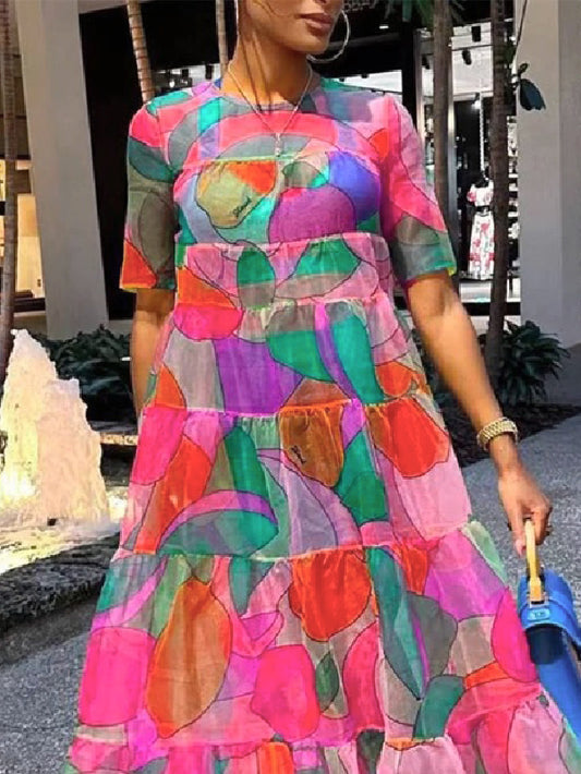 flowersverse Loose Short Sleeves Contrast Color Printed Round-Neck Maxi Dresses