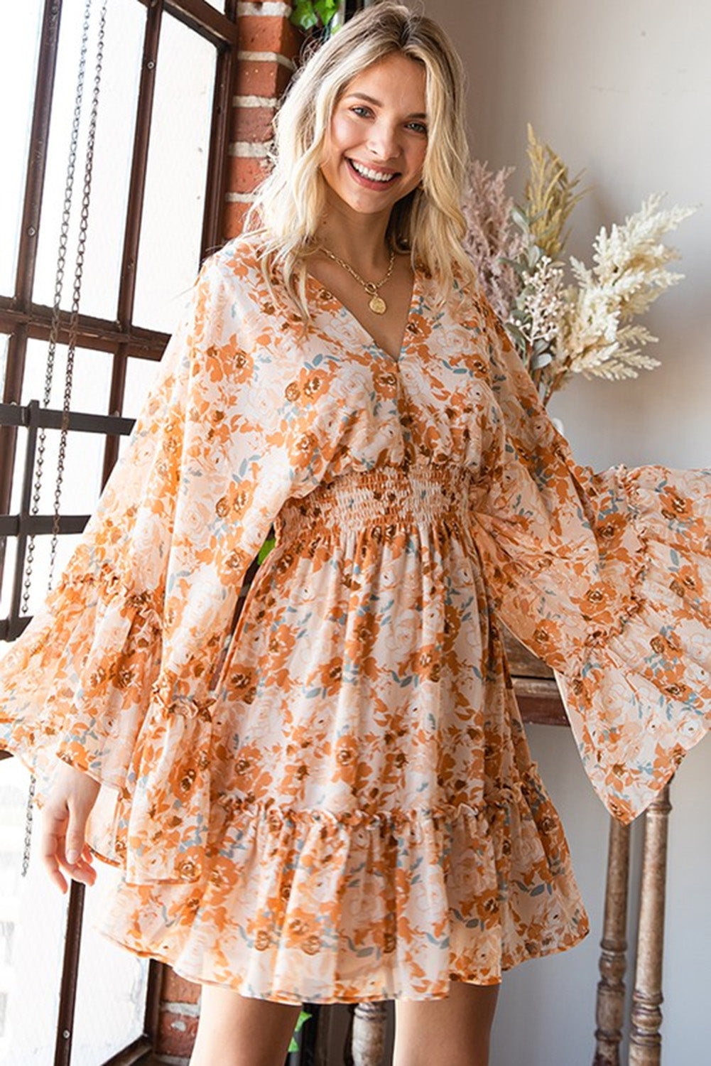 flowersverse Orange Floral Smocked Waist Dress
