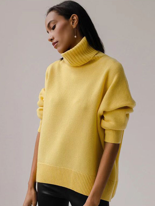 flowersverse Casual Long Sleeves Loose Solid Color High-Neck Sweater Tops