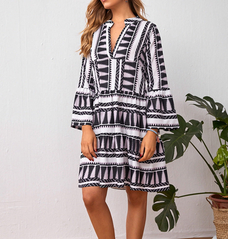 flowersverse Geometric Print V-neck Casual Dress