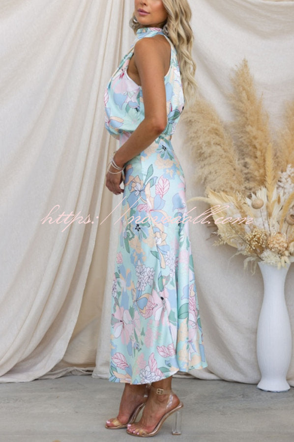 flowersverse Love In The Garden Floral Halter Neck Elastic Waist Maxi Dress
