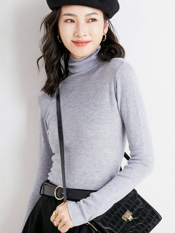 flowersverse Simple Skinny Long Sleeves Solid Color High-Neck Sweater Tops Pullovers