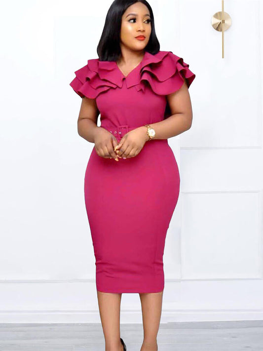 flowersverse Flutter Sleeve Ruffle Split Bodycon Midi Dresses