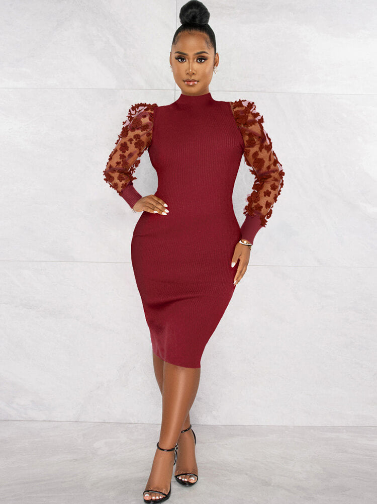 flowersverse Mesh Patchwork Long Sleeve Floral Print Midi Dresses