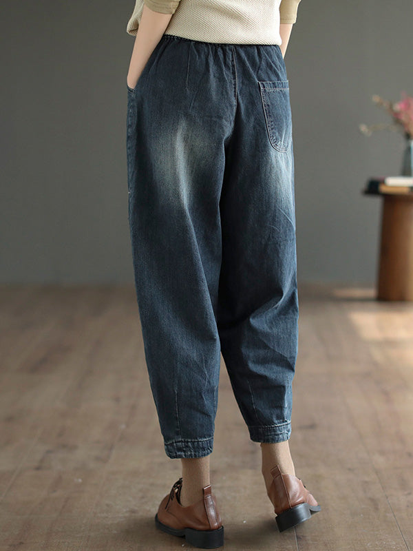 flowersverse Vintage Loose Embroidered Elasticity Harem Jean Pants Bottoms