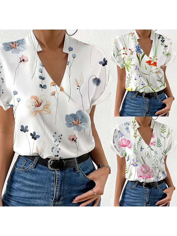 flowersverse Floral Printed Split-Joint Loose Short Sleeves Stand Collar Blouses&Shirts Tops