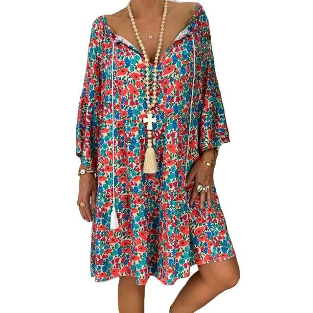 flowersverse Summer Women Boho Floral Long Sleeve Dress Holiday Beach Shirt Dress Ladies Print Mini Dress Plus Size